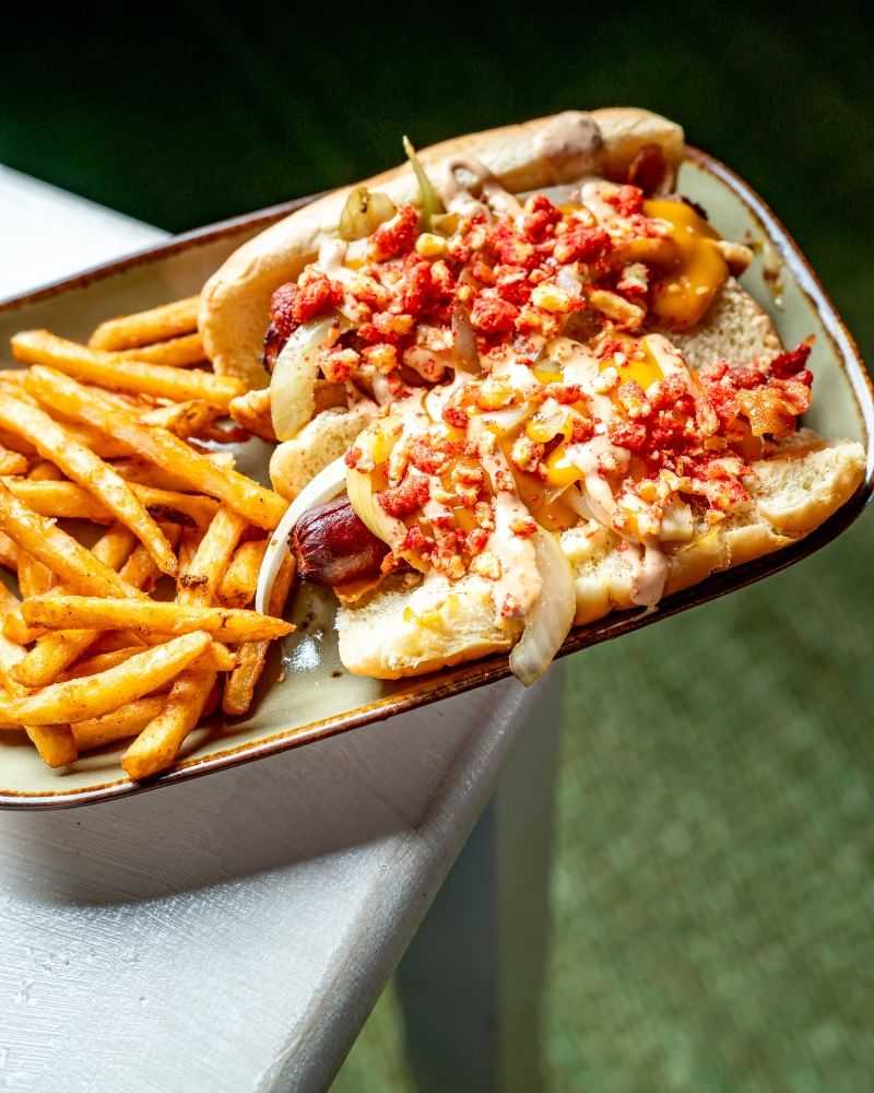 Loaded hot dogs with fries on a plate.